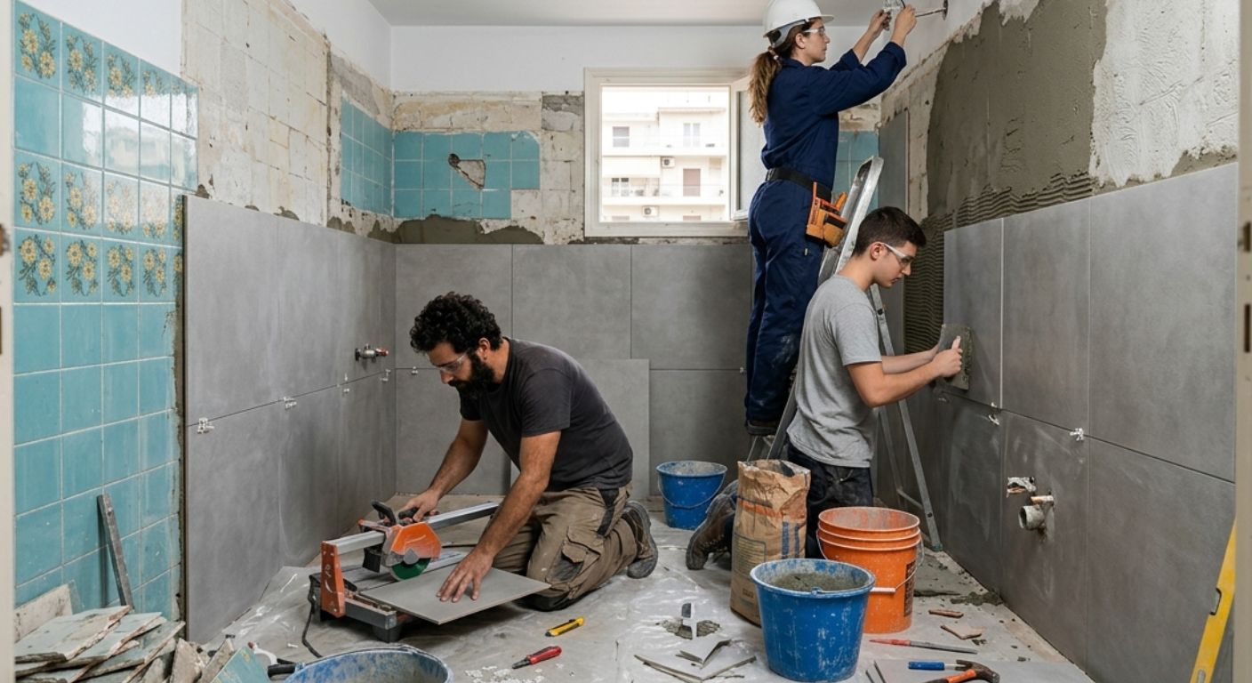 Εργασίες ανακαίνισης μπάνιου από υδραυλικούς