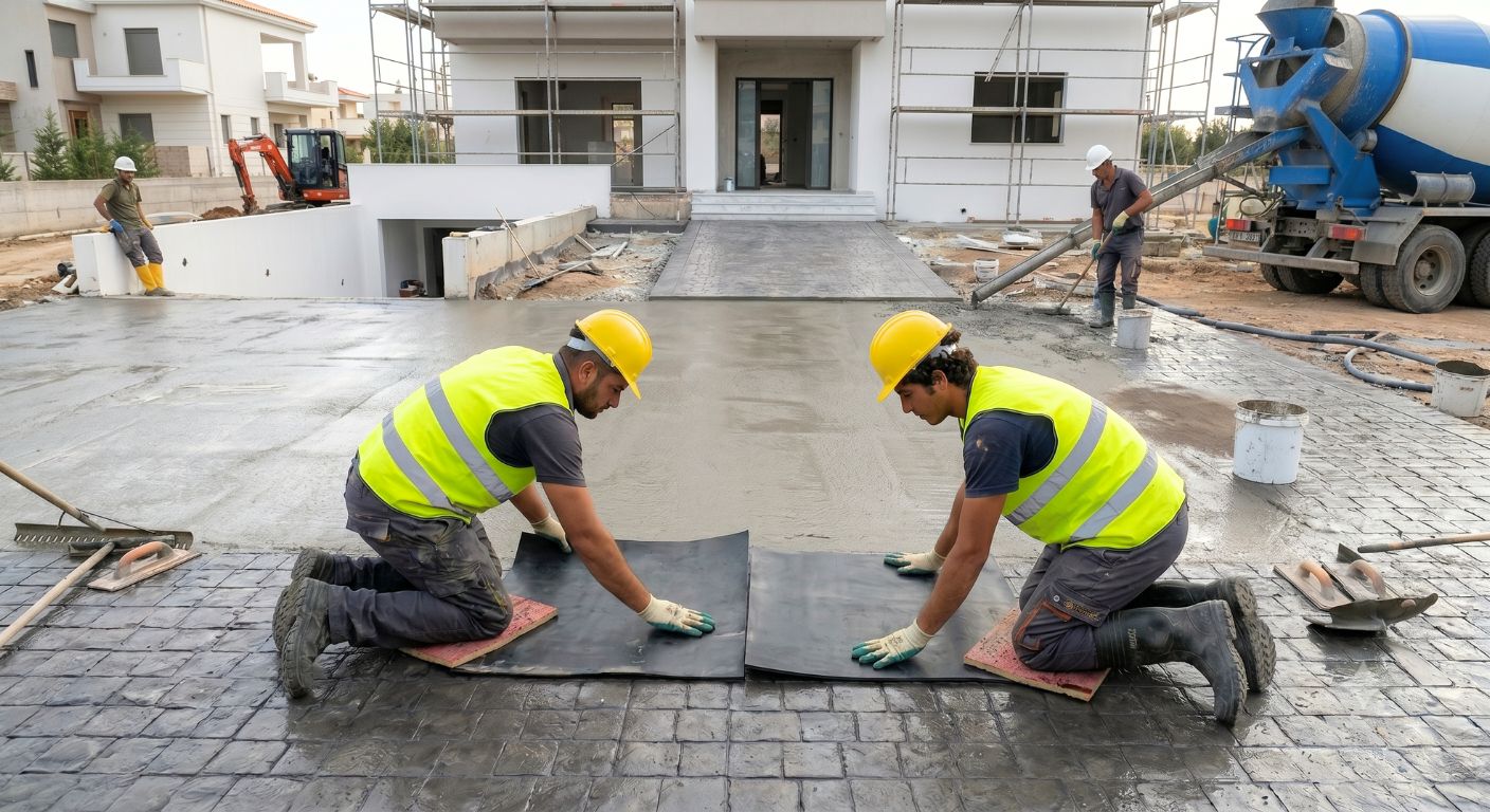 Κατασκευή σταμπωτού δαπέδου από τεχνίτες με χρήση ειδικών σταμπών σε φρέσκο σκυρόδεμα (μπετόν). Από το myconstructor
